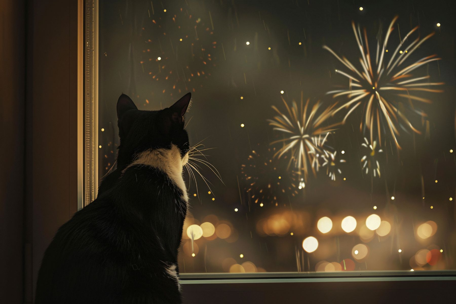 Katze beobachtet Feuerwerk am Fenster