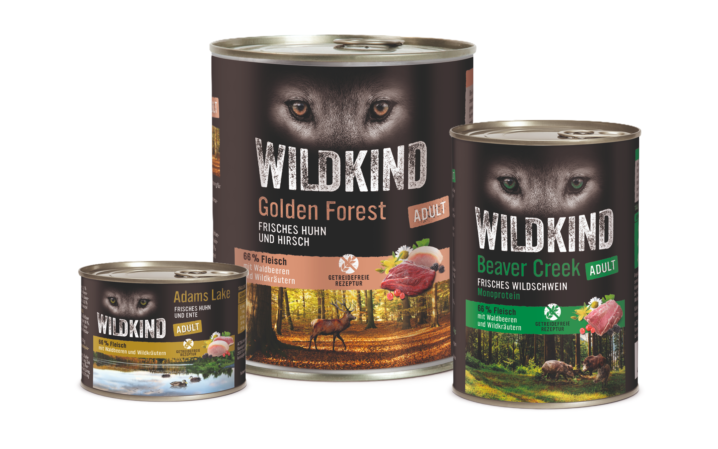 WILDKIND Beispielprodukte für Hundenassfutter-Verpackungen mit Dosen