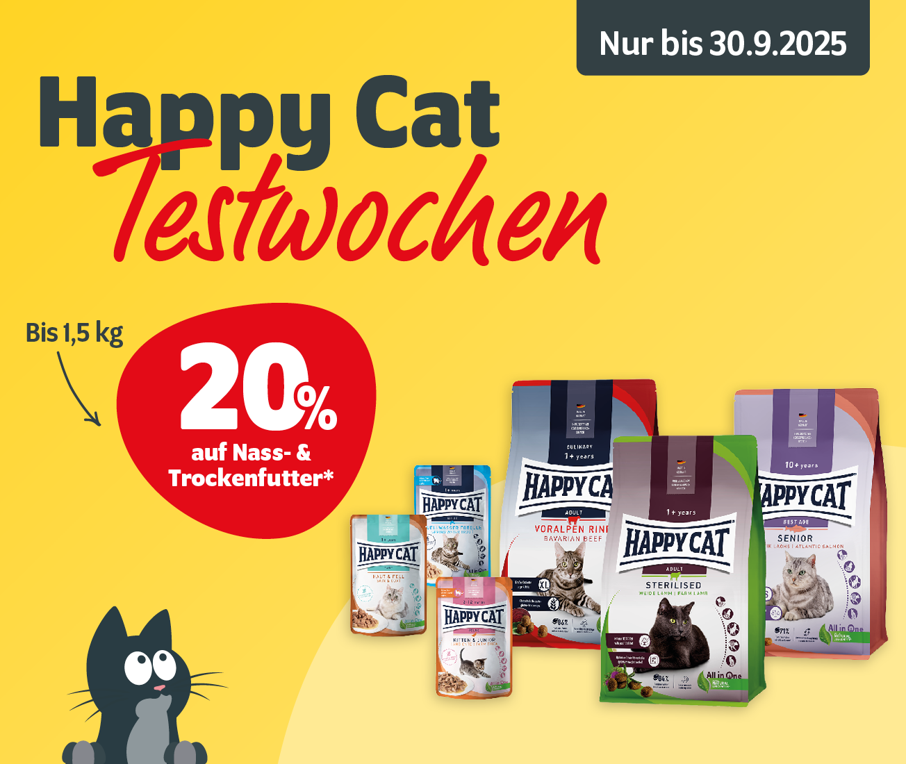 20% Rabatt auf Happy Cat Nass- und Trockenfutter bis 1,5 KG - Bis 30.9.2025