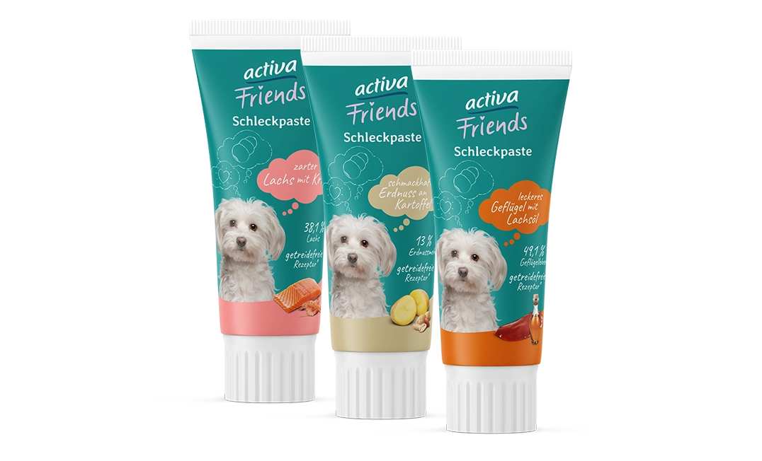 Neuheiten: 3 Sorten activa Friends Schleckpasten für Hunde